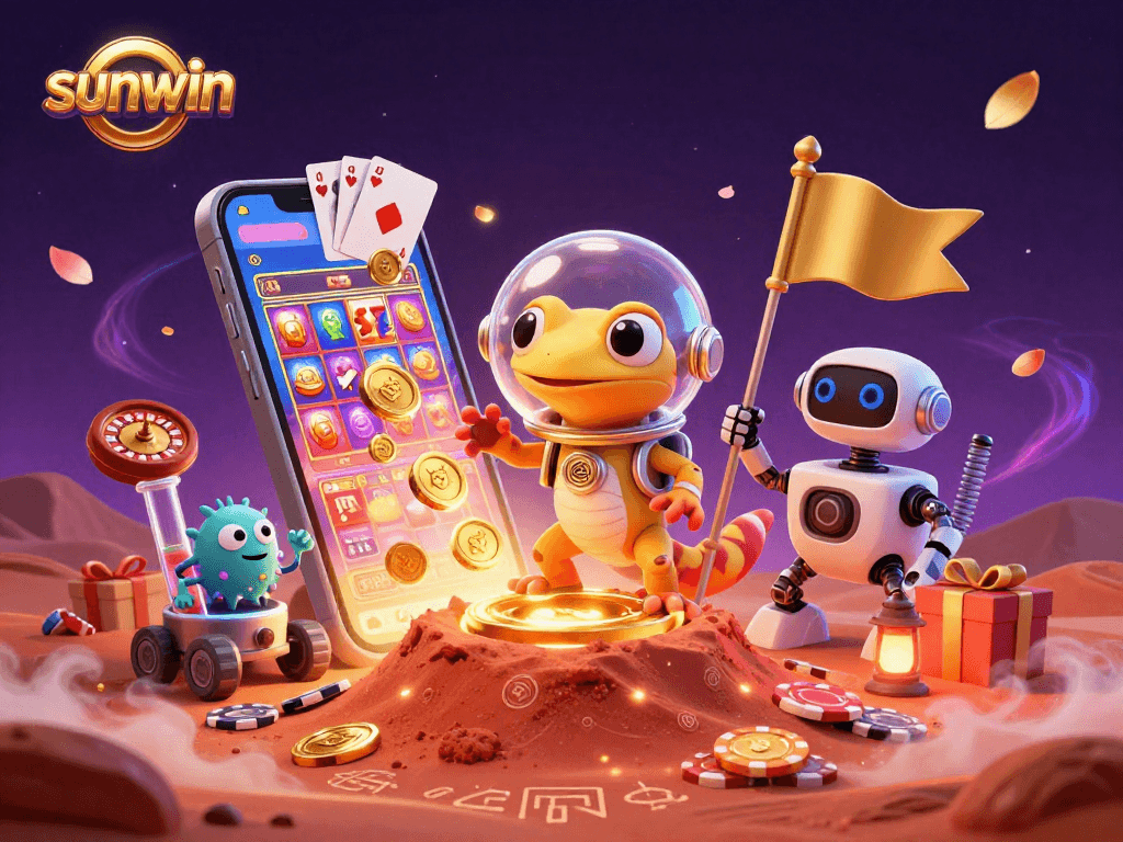 Engage with sunwin's vibrant 3D casino scene featuring a Martian discovering golden rewards.