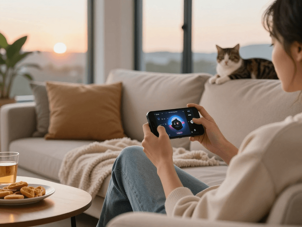 Person immersed in mobile porn games on a smartphone in a cozy living room, enjoying a relaxing gaming experience.