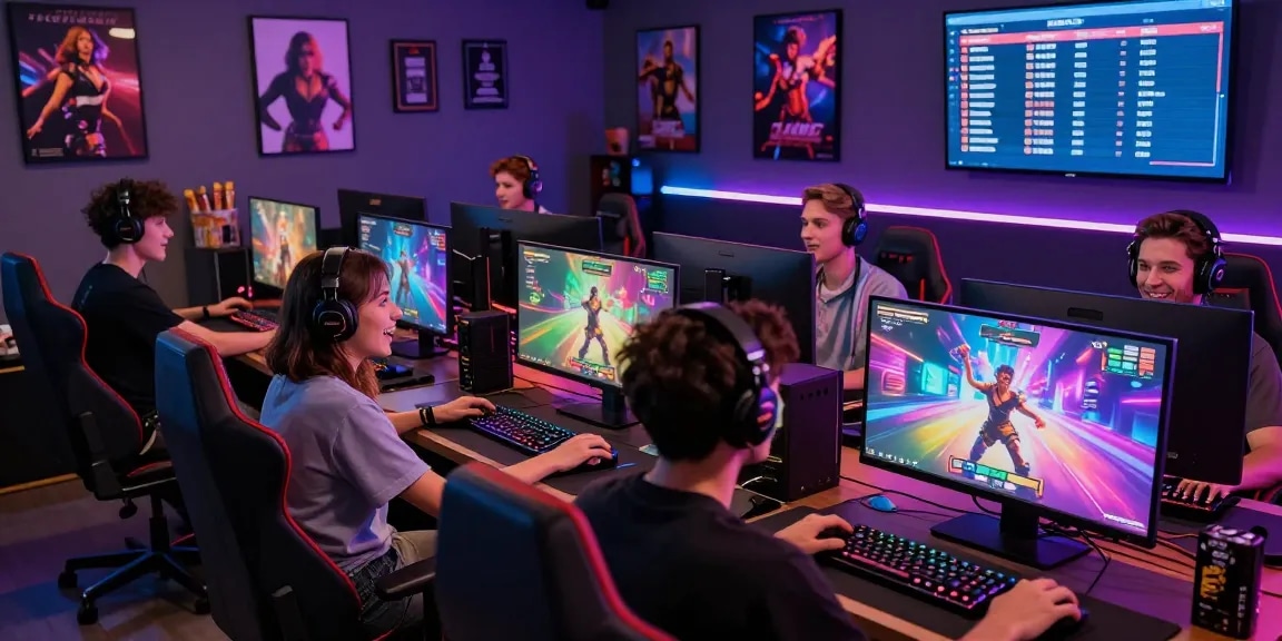 Engaged players enjoying a trans porn game in a vibrant gaming lounge with dynamic visuals.