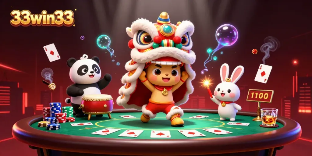 Experience thrilling poker action at 33win33 amidst vibrant characters and dynamic casino elements.