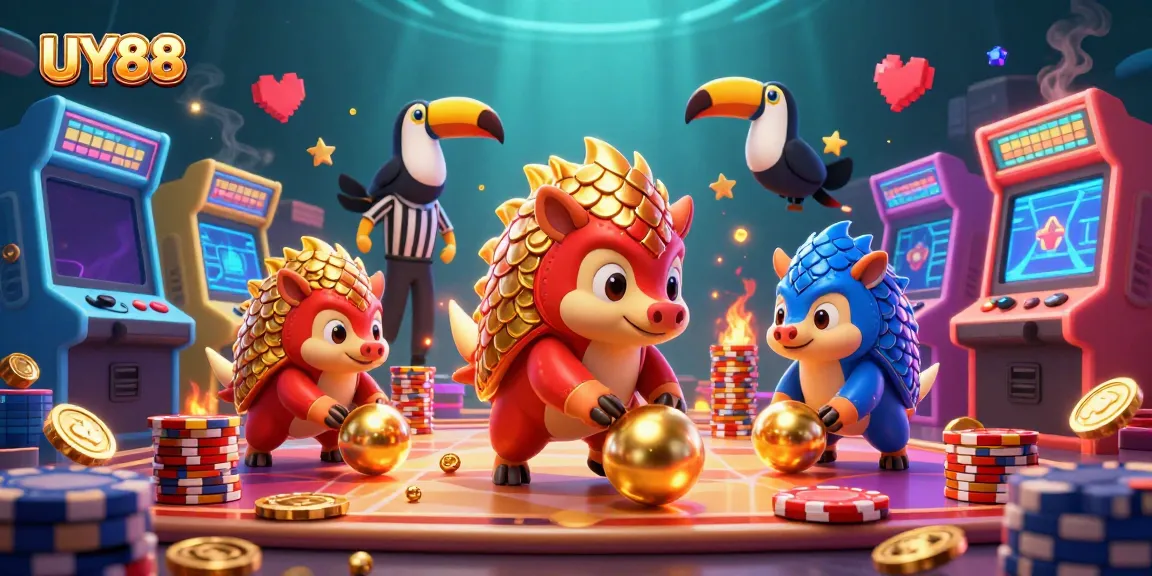 Engage in thrilling gameplay with the vibrant UY88 pangolin mascots rolling through golden poker chips.