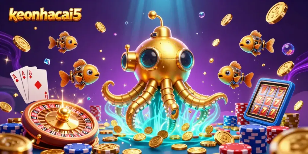 Experience keonhacai5 with thrilling undersea casino action featuring a golden kraken and sparkling gems.