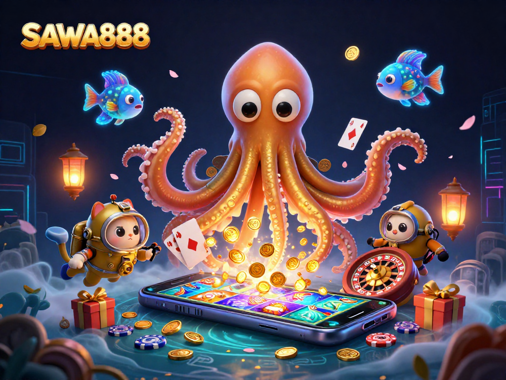 Engage with SAWA888's thrilling adventures in gaming featuring a massive kraken and diving cat.