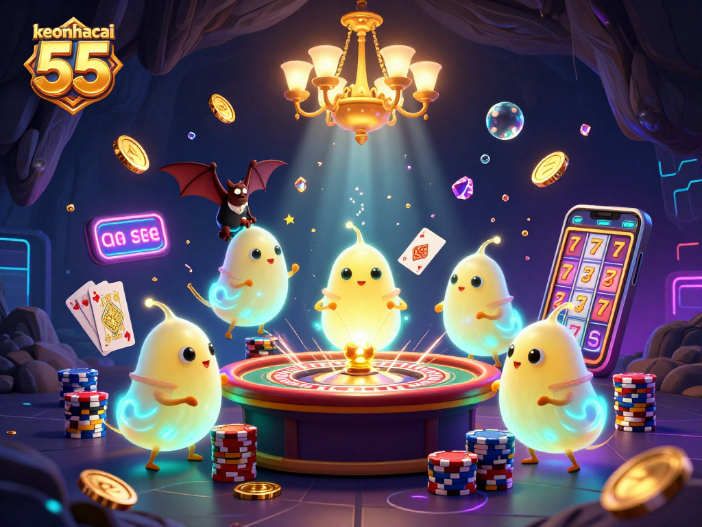 Experience keonhacai 55 with vibrant glowworms illuminating a cave casino in this dynamic 3D illustration.