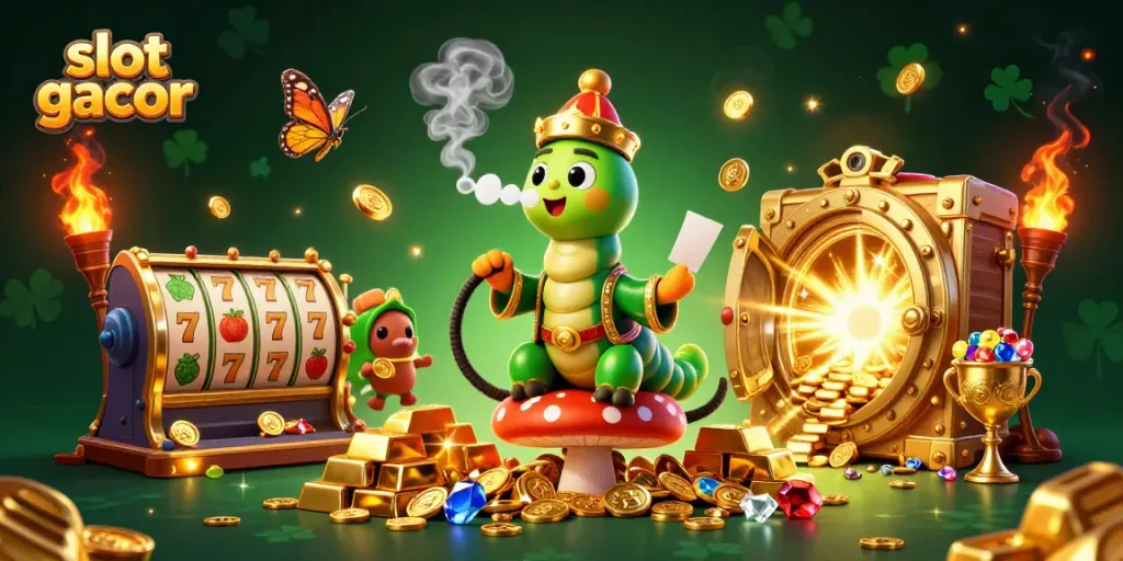 Experience the magic of slot gacor with vibrant casino symbols and a whimsical caterpillar master.