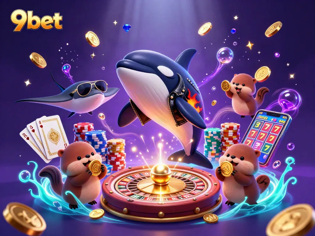 Experience the excitement of 9bet with vibrant sea creatures and dazzling casino elements swirling around.