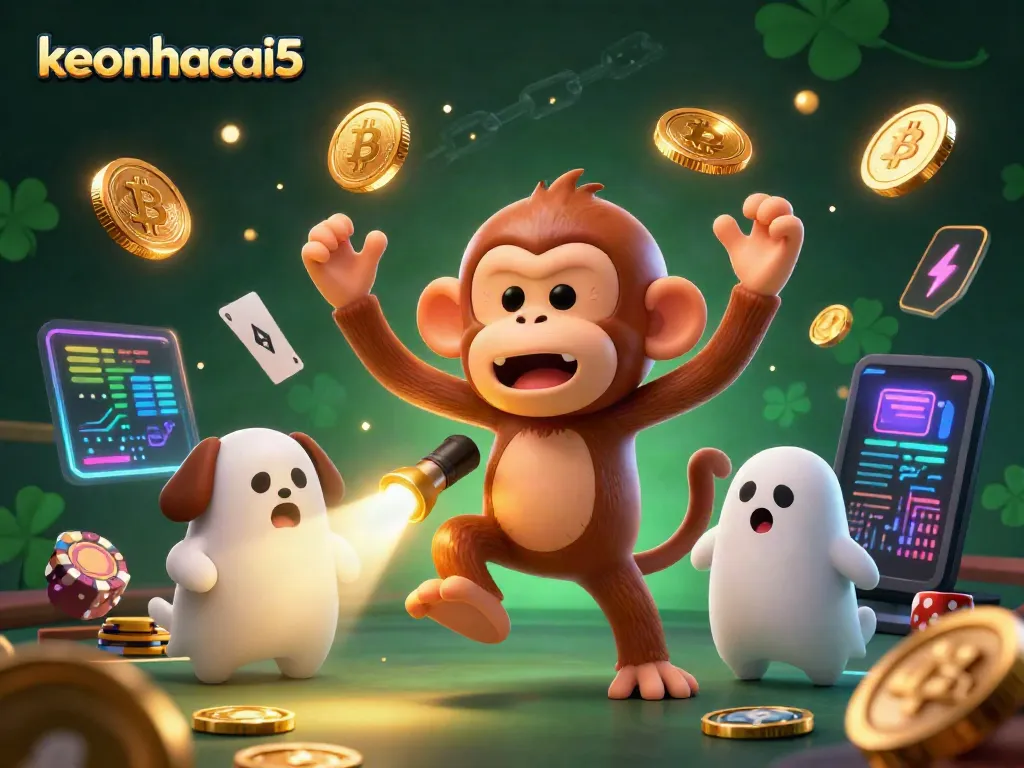 Engage with keonhacai5's whimsical sports betting scene featuring a playful monkey and a curious puppy tracking gold coins.