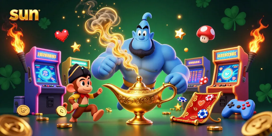 Experience a vibrant sun-themed casino adventure with a genie and poker chips in 3D.