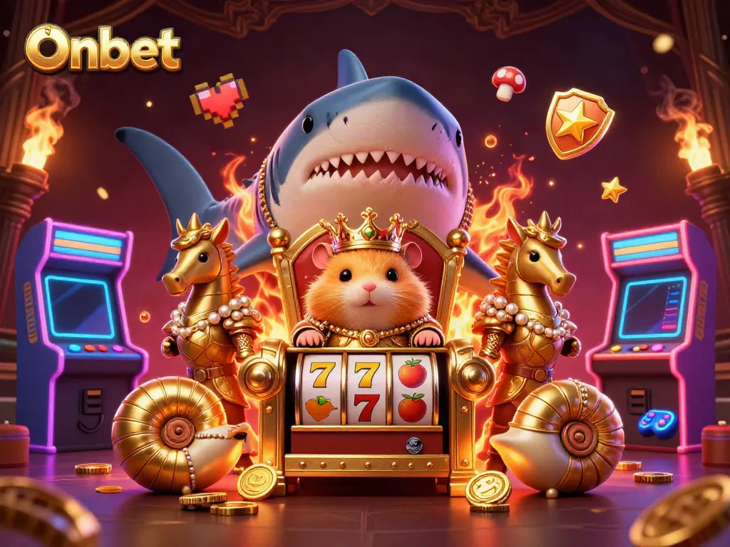 Engage with Onbet's dynamic 3D casino scene featuring a hamster king on a shark throne amidst vibrant casino elements.