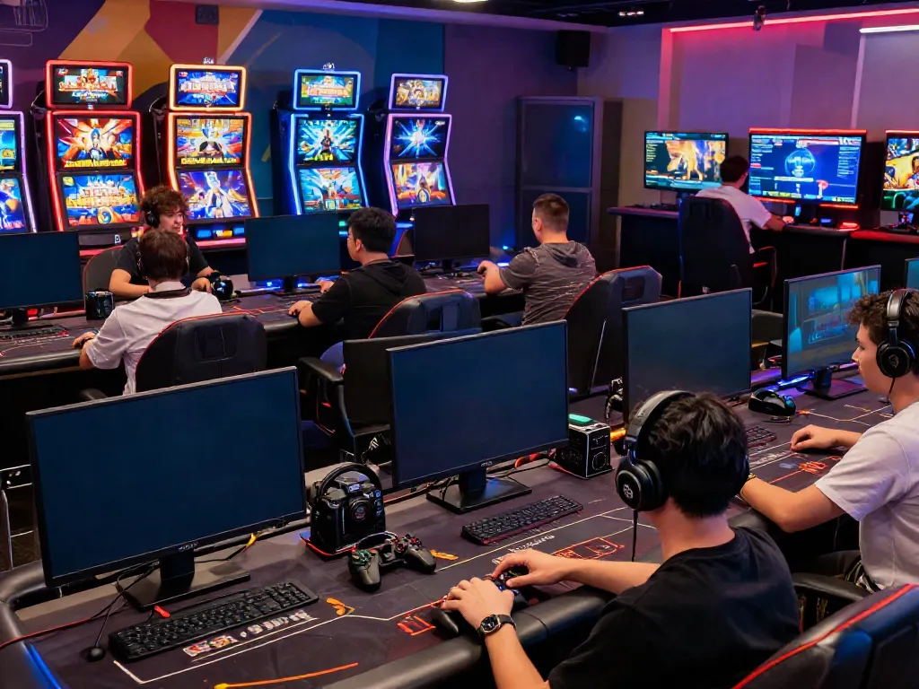 Gamers enjoying a thrilling experience at http://gem88-mobile.com with multiple gaming options and vibrant atmosphere.