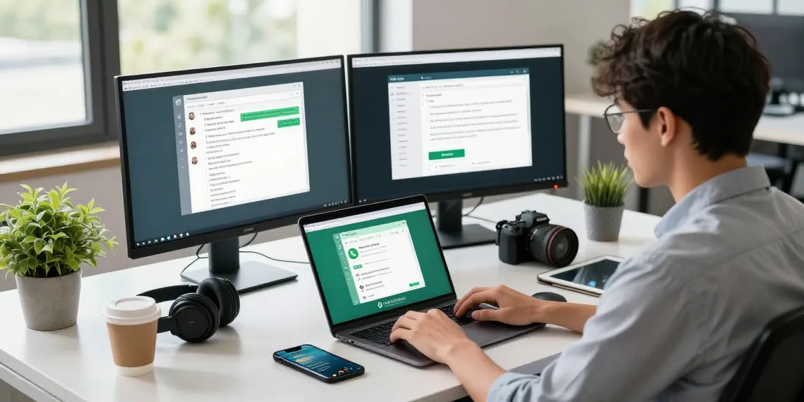 Professional workspace highlighting WhatsApp下載 in action, featuring a laptop, smartphone, and modern office elements.