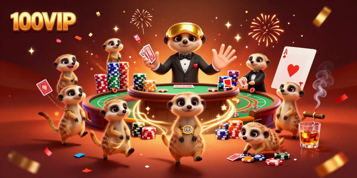 Experience thrilling gaming at 100VIP with meerkats managing colorful poker fun.