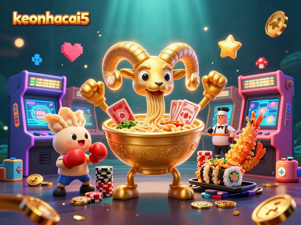 Engage with keonhacai5 as the golden ramen bowl stacks chips and deals cards in a vibrant casino atmosphere.
