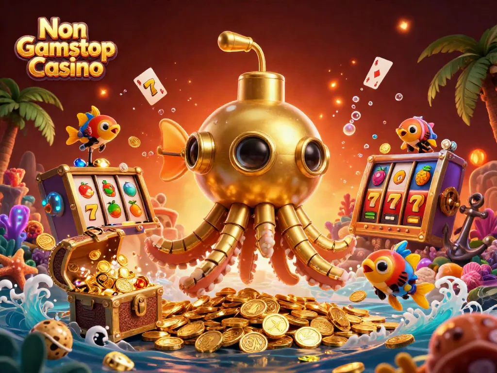Join the fun with a Non Gamstop Casino scene featuring a golden kraken submarine surrounded by slot games.