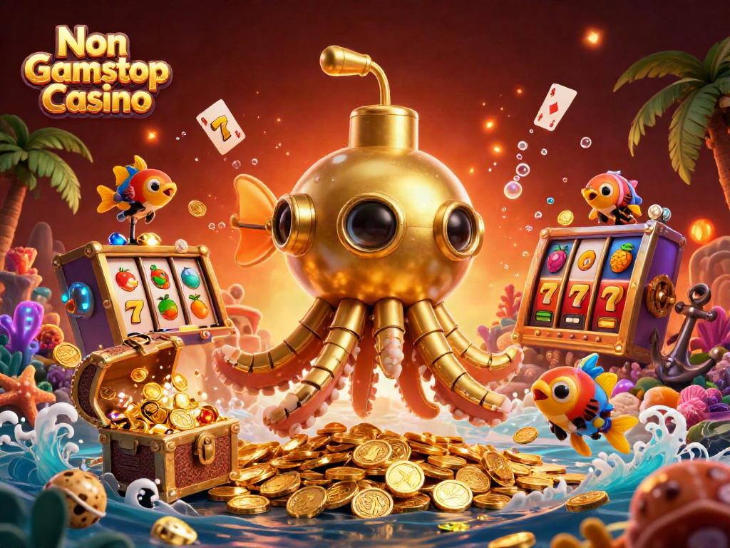 Join the fun with a Non Gamstop Casino scene featuring a golden kraken submarine surrounded by slot games.