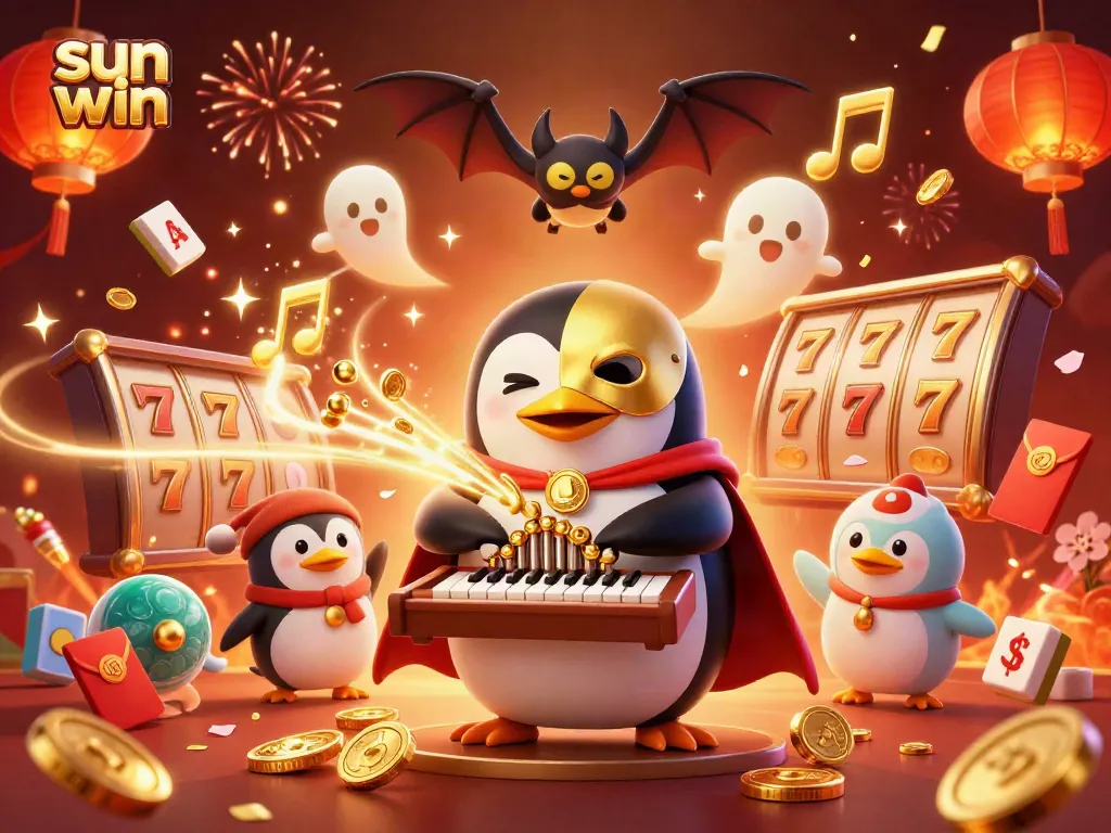 Experience the thrill of sun win with our 3D casino illustration featuring vibrant gaming elements and a penguin organist.