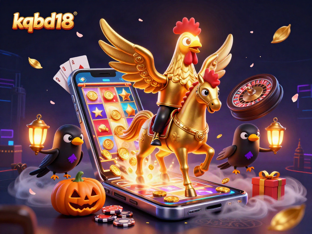 Play at kqbd18 Casino: Golden rooster rides spectral horse in vibrant gaming scene.