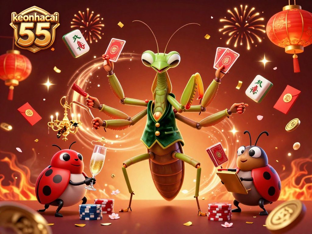 Engage with keonhacai 55 as the giant praying mantis card sharp and ladybug pit boss celebrate with games and fireworks.