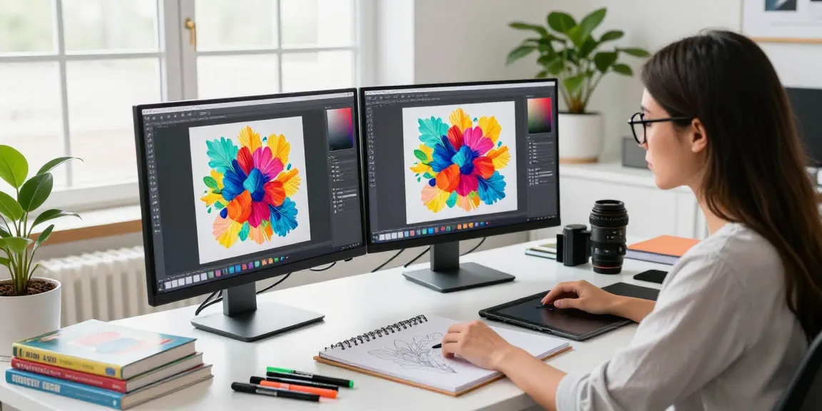 Graphic designer utilizing an AI image generator in a vibrant, modern workspace filled with design tools and natural light.