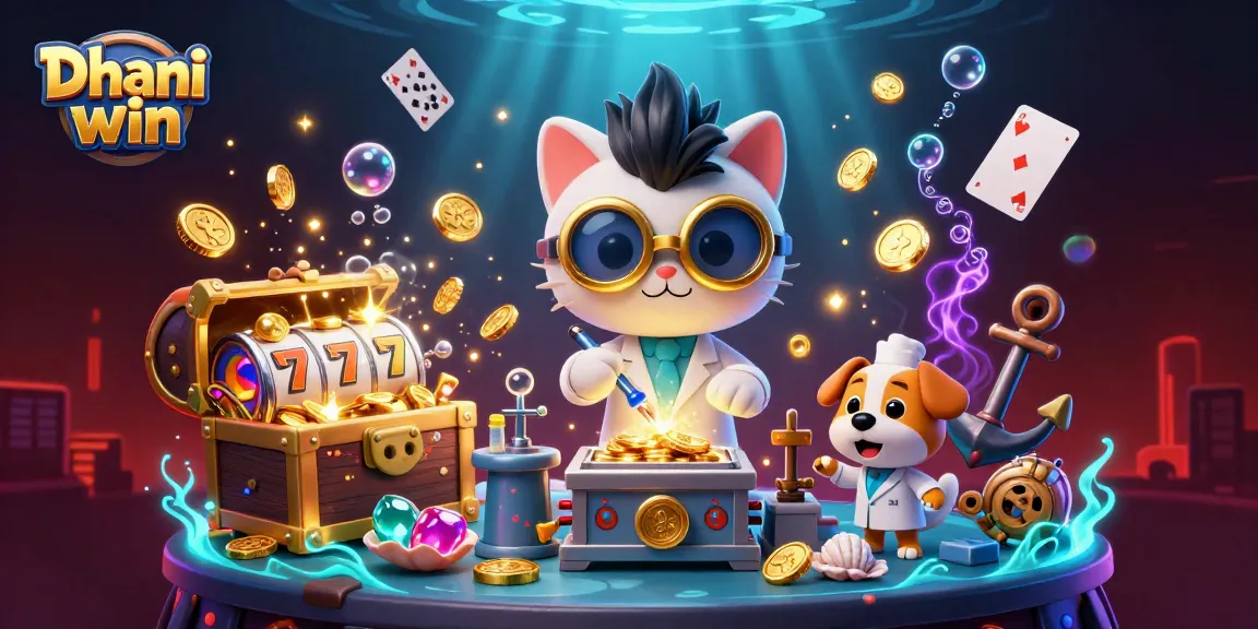 Dhani win interactive gaming scene featuring a mad scientist cat and assistant with lively slot elements