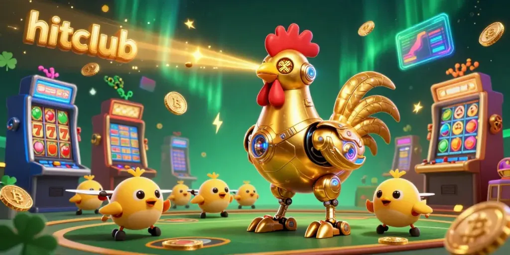 Engage in vibrant gambling at hitclub with a golden robotic rooster and baby chick drones amidst dynamic casino symbols.
