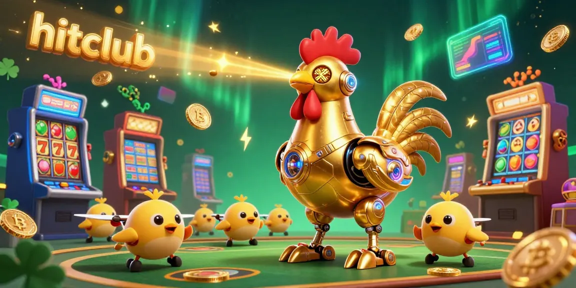 Engage in vibrant gambling at hitclub with a golden robotic rooster and baby chick drones amidst dynamic casino symbols.