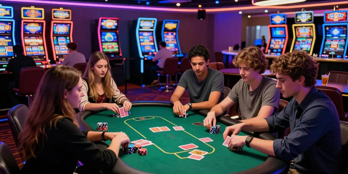 Exciting gaming atmosphere at the best credit card casinos with players enjoying poker at a vibrant casino table.