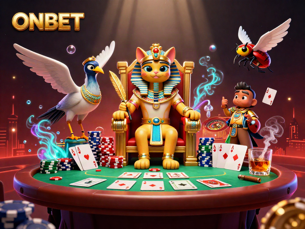 Engage in thrilling poker action with ONBET featuring an Egyptian pharaoh cat and vibrant casino elements.