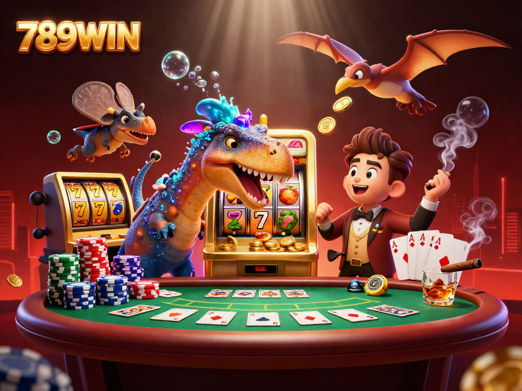 Experience the excitement of 789WIN as dinosaurs bring jackpots to life in a vibrant casino scene.
