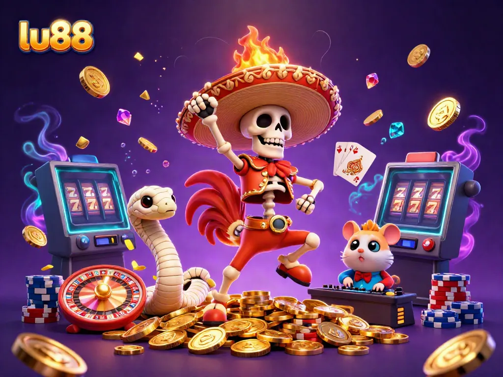 Experience thrilling victories at Lu88 with a vibrant 3D illustration featuring a mariachi rooster, mummy snake, and DJ hamster.