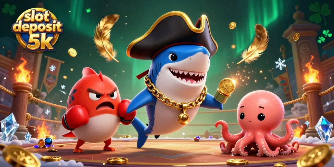 Engage in the action with slot deposit 5k gaming, featuring a pirate shark and vibrant casino elements.