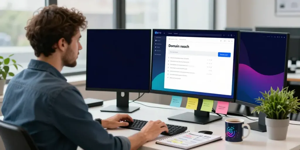Specialist conducting a domain name search UK in a modern workspace
