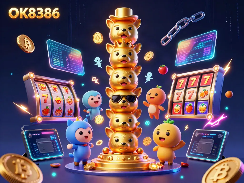 Engage with the exciting world of OK8386's casino games, featuring vibrant totem pole characters amidst dynamic gaming elements.