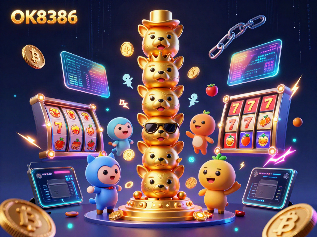 Engage with the exciting world of OK8386's casino games, featuring vibrant totem pole characters amidst dynamic gaming elements.