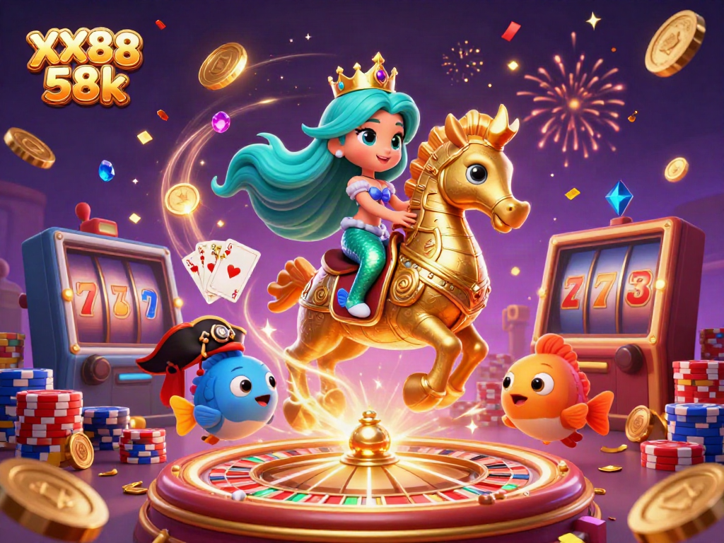 Experience the thrill of XX88 58k with a vibrant 3D casino themed illustration featuring whimsical characters and games.