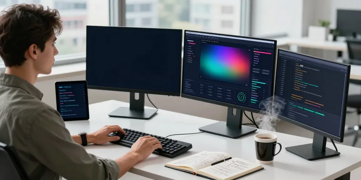 Data analyst focused on instant indexing in a modern tech workspace with dual monitors and analytics.