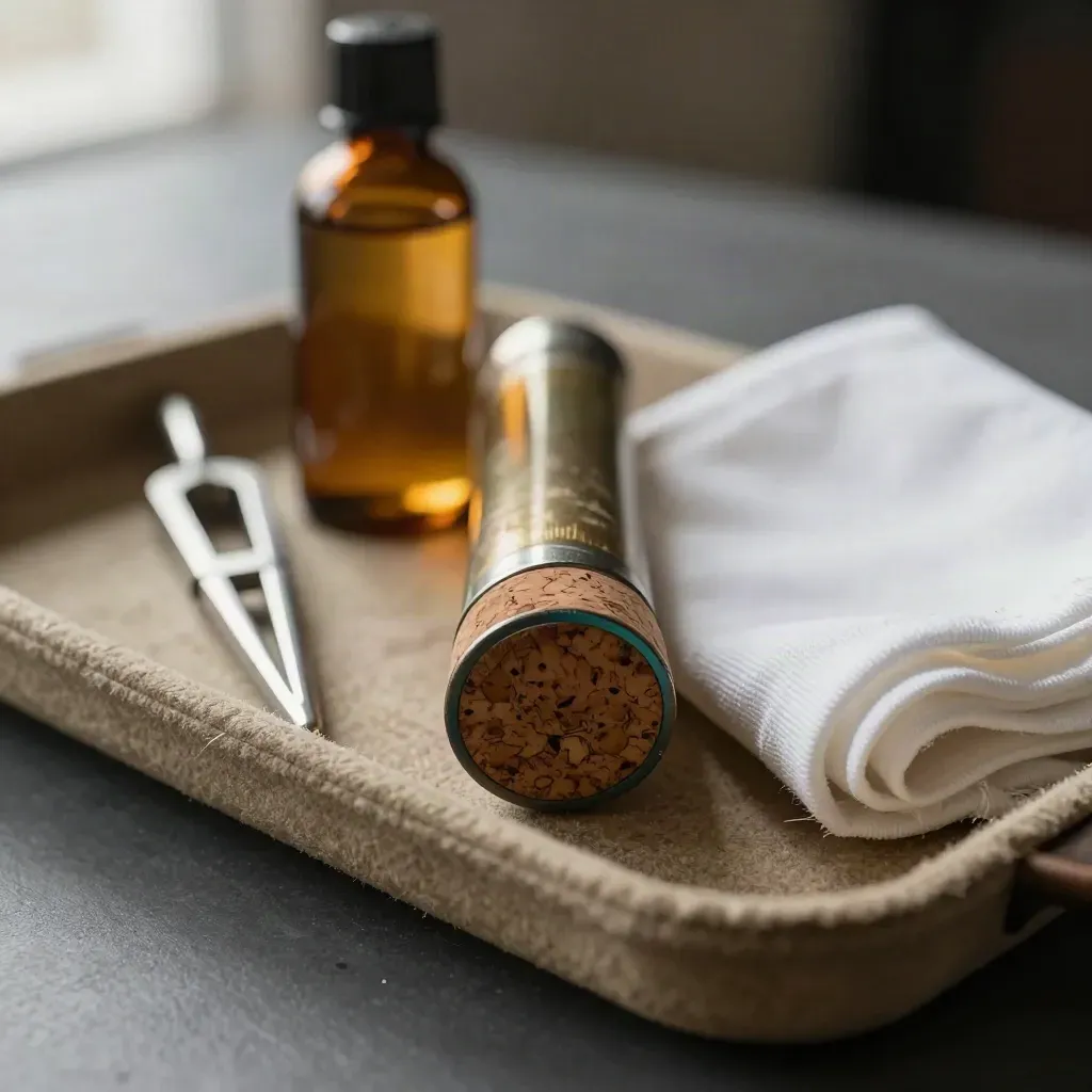 Macro still life of trumpet mute, oil bottle, tuning fork, and cloth in a dark instrument tray.