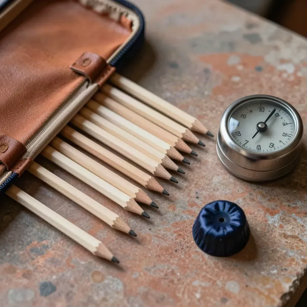 Overhead macro of reed cases, pencil stubs, a practice timer and mouthpiece cap on stone.
