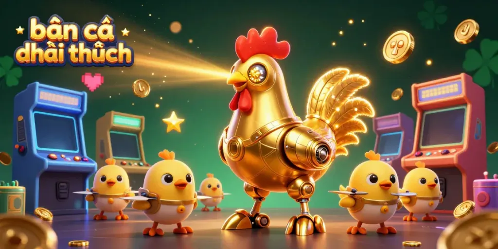 Experience thrilling bắn cá đổi thưởng action with a golden rooster robot shooting laser beams amidst arcade games