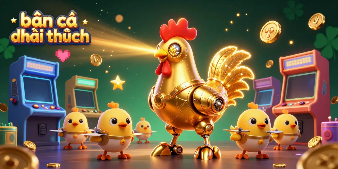 Experience thrilling bắn cá đổi thưởng action with a golden rooster robot shooting laser beams amidst arcade games