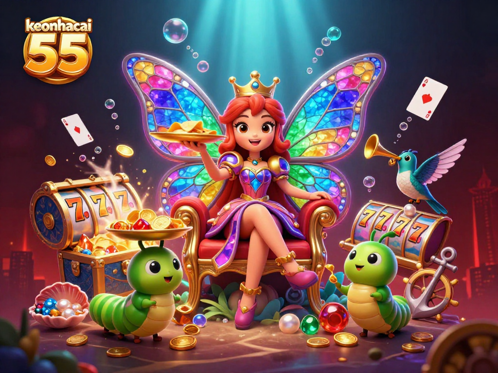 Experience thrilling gameplay with keonhacai 55 as a butterfly queen and vibrant casino elements collide.