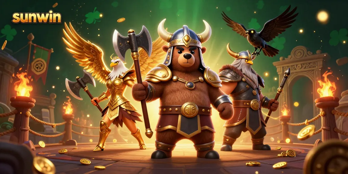 Engage with sunwin's thrilling gaming landscape featuring a Viking berserker and Valkyrie eagle amidst action-packed fun.