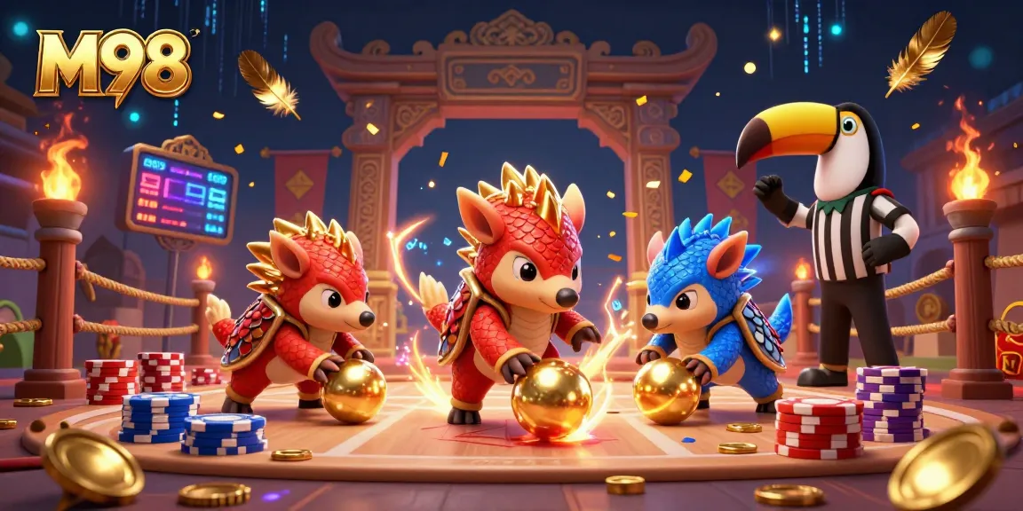 M98 pangolins compete in a vibrant casino scene filled with poker chips, flames, and gold coins.