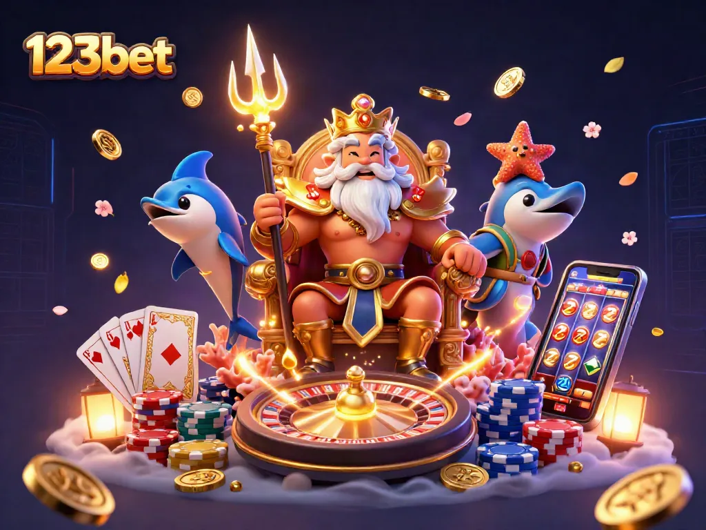 Win big with 123bet at the lively casino scene featuring Neptune and treasures!
