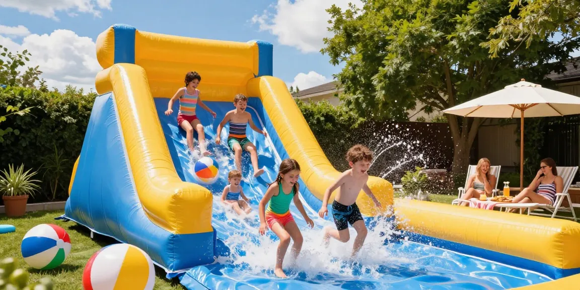 Children laughing on a vibrant water slide, enjoying a sunny summer day.