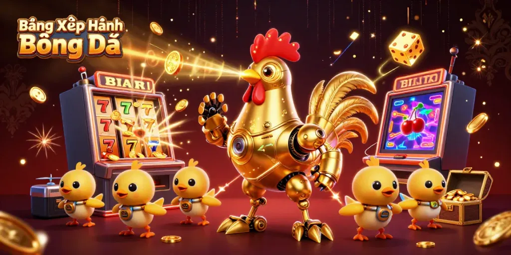 Bảng Xếp Hạng Bóng Đá illustrated with a golden rooster robot and baby chick drones amidst a jackpot explosion.