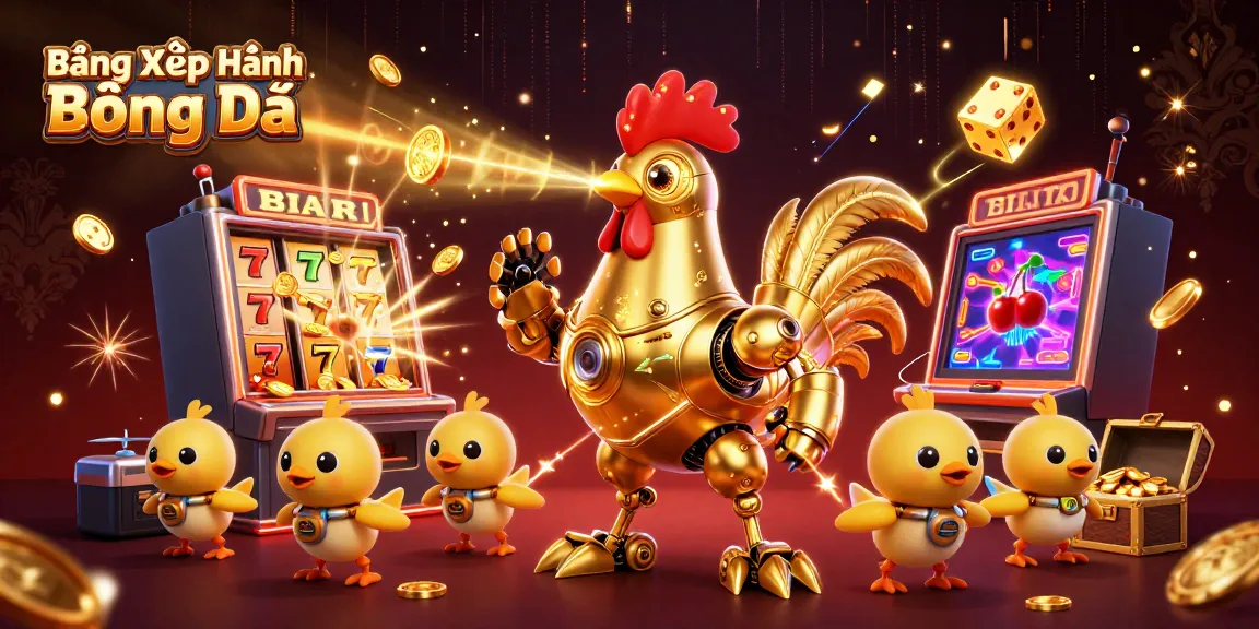 Bảng Xếp Hạng Bóng Đá illustrated with a golden rooster robot and baby chick drones amidst a jackpot explosion.