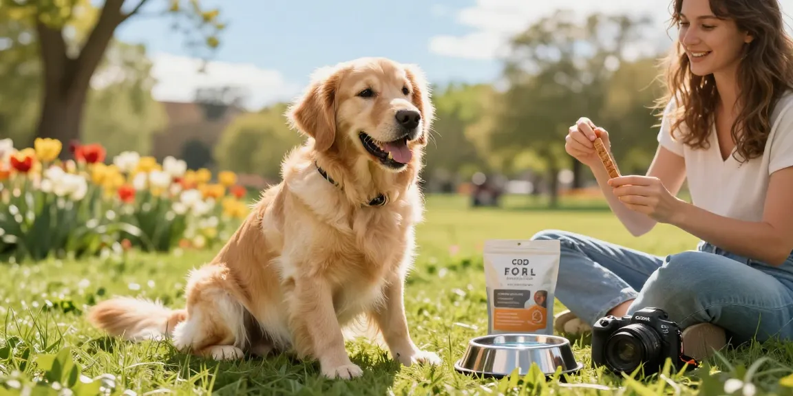 Happy golden retriever enjoying cbd dog treats canada in a sunny park.