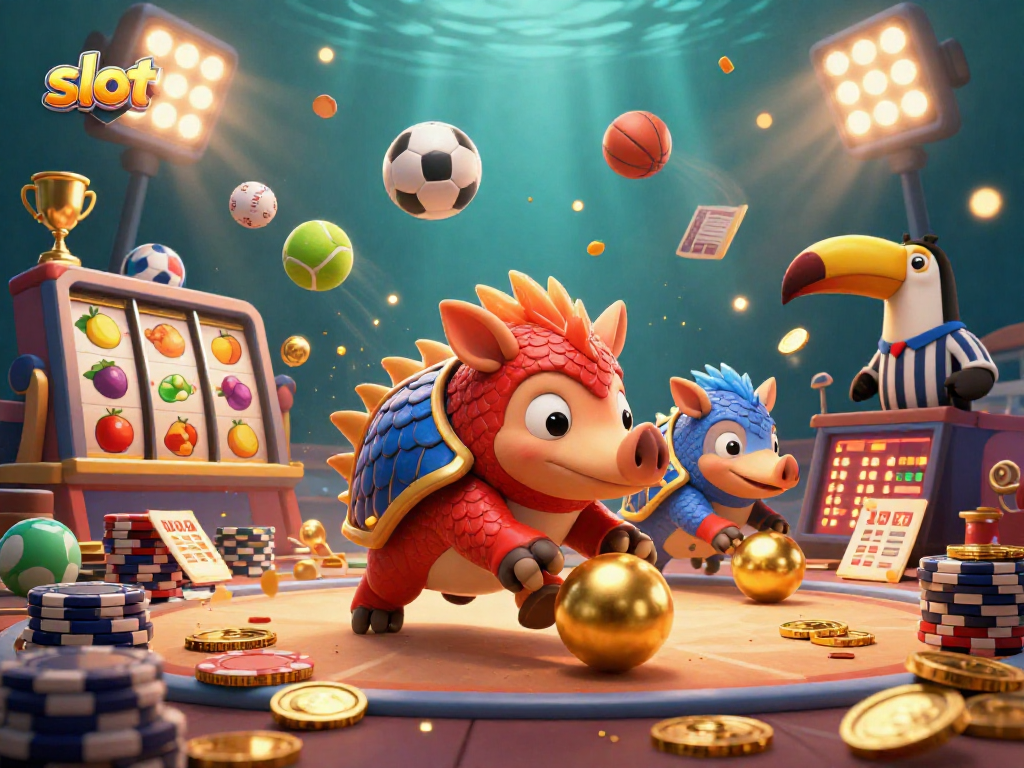 Spin slot reels and chase jackpots with rival pangolins in a dynamic casino celebration.