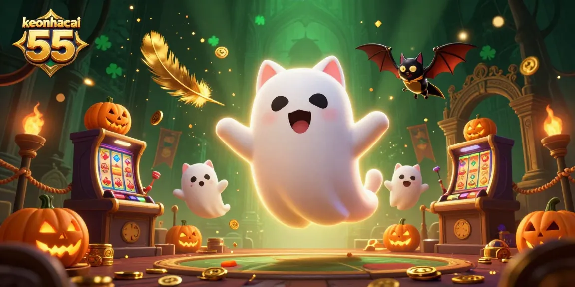 Engage with keonhacai 55 in a vibrant casino scene featuring a friendly ghost cat, golden coins, and exciting game elements.